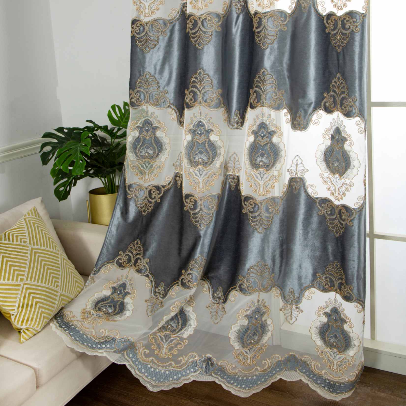 RF-2132 Embroidered Tissue Curtains (8 different colors and available in single piece packing)