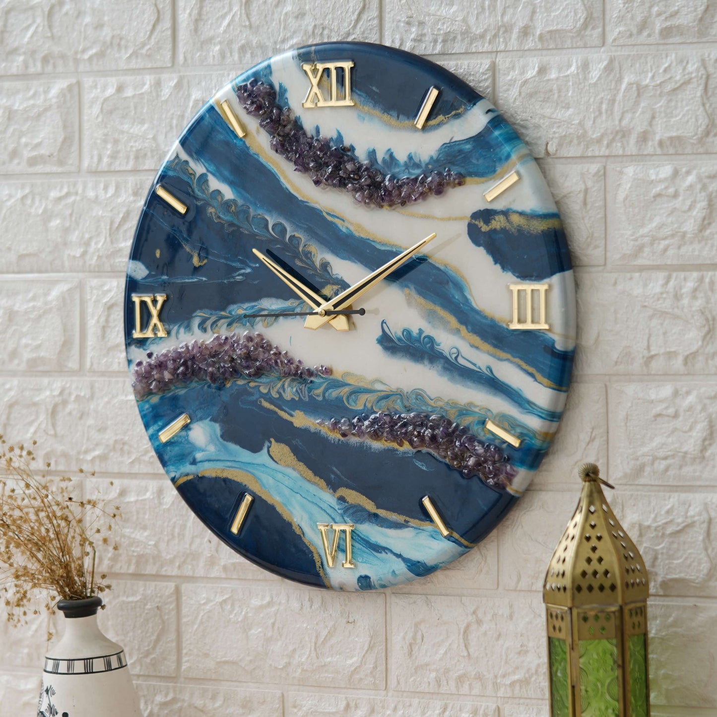 Swastik Trend Point Exquisite Wooden Handmade Wall Clock Ocen Blue With White Golden Splash Printed Acrylic Wall Clock For Home & Office Decorative Big Size Clock (16 Inch) SWASTIK CREATIONS The Trend Point