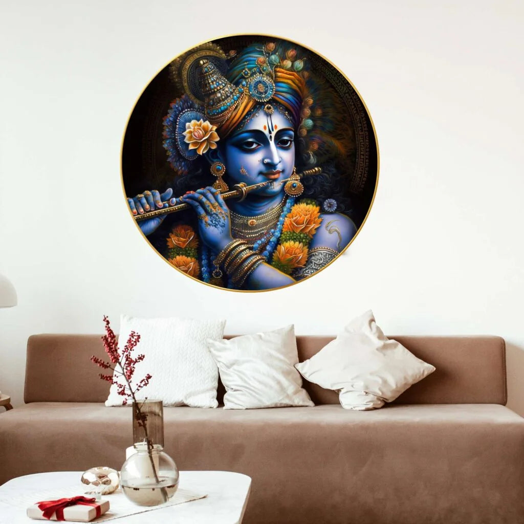 CH-RKR4 Lord Krishna Wall Painting with Frame Sparkle Glossy Round Golden Framed Large Painting Office, Living Room, Bedroom, Home Decoration SWASTIK CREATIONS The Trend Point