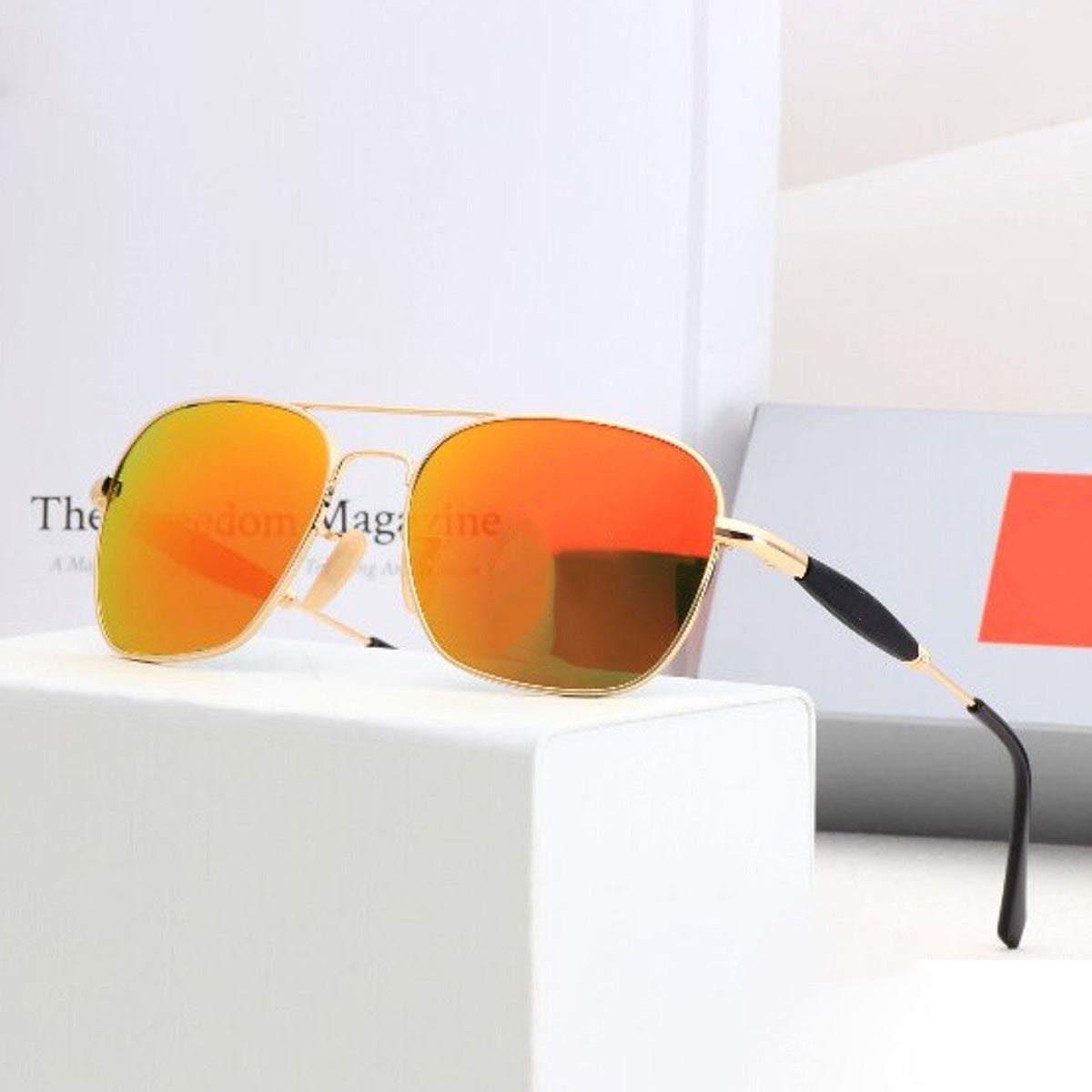 Orange Alicent Square Sunglasses (SUN-RN-1208-ORG3GLD-M) SWASTIK CREATIONS The Trend Point