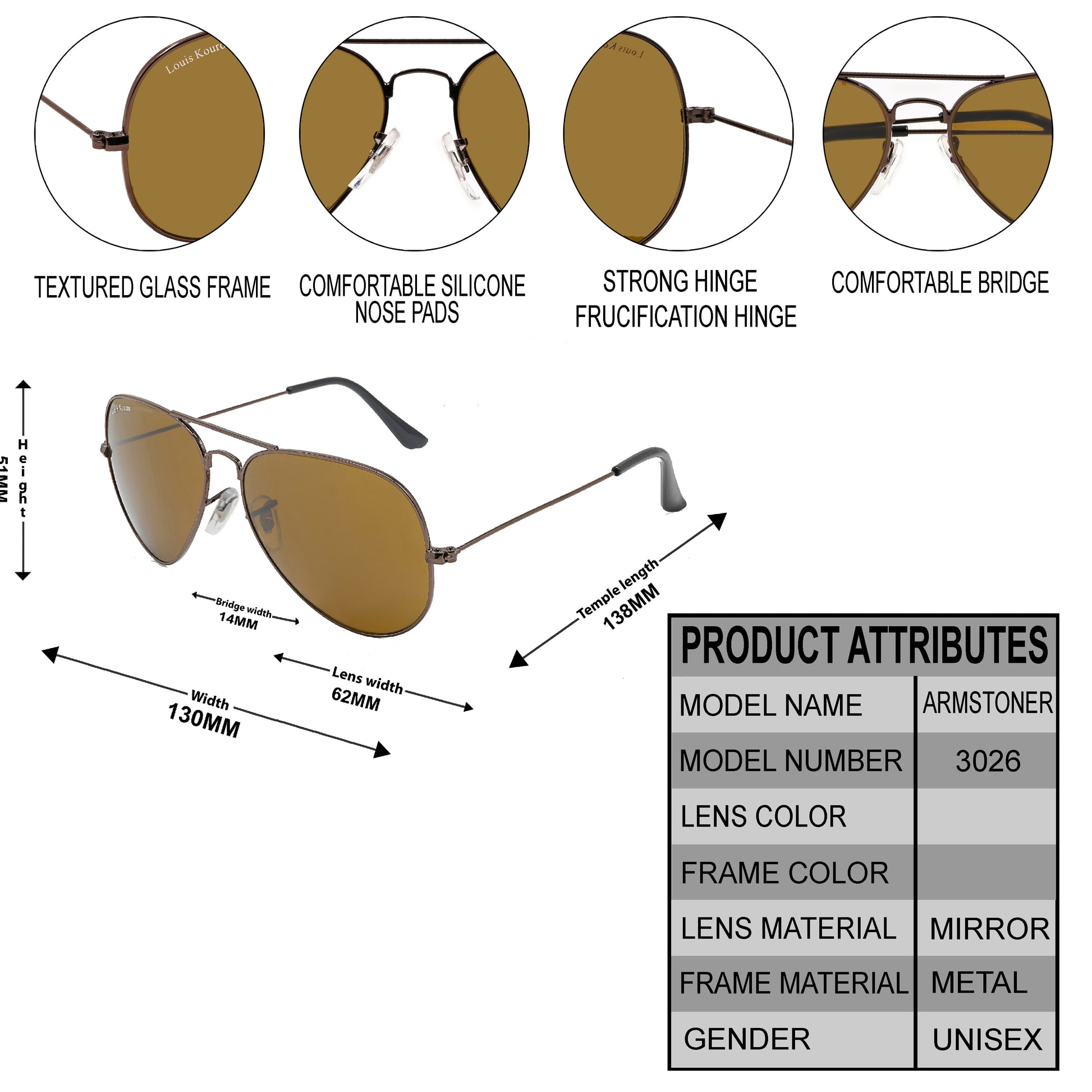 Brown Armstoner Aviator Premium Sunglasses (SUN-LK-3026-BRN1BRN-M)