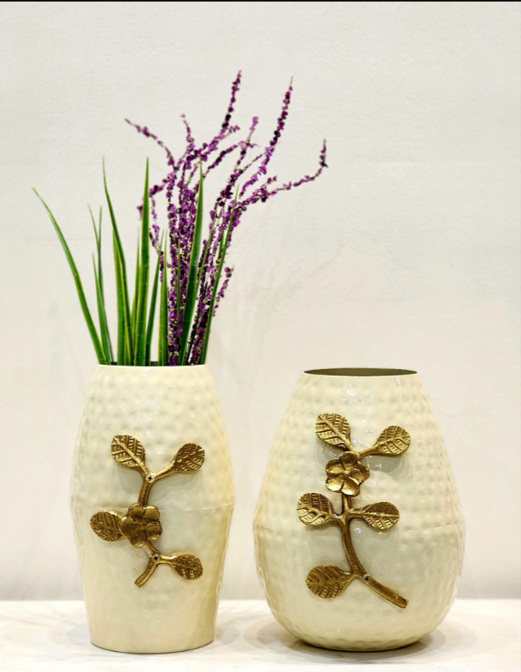 Off-White Textured Metal Vases | Set of 2 - SWASTIK CREATIONS The Trend Point