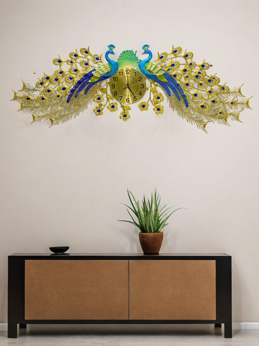 Double Peacock Metal Wall Clock Art