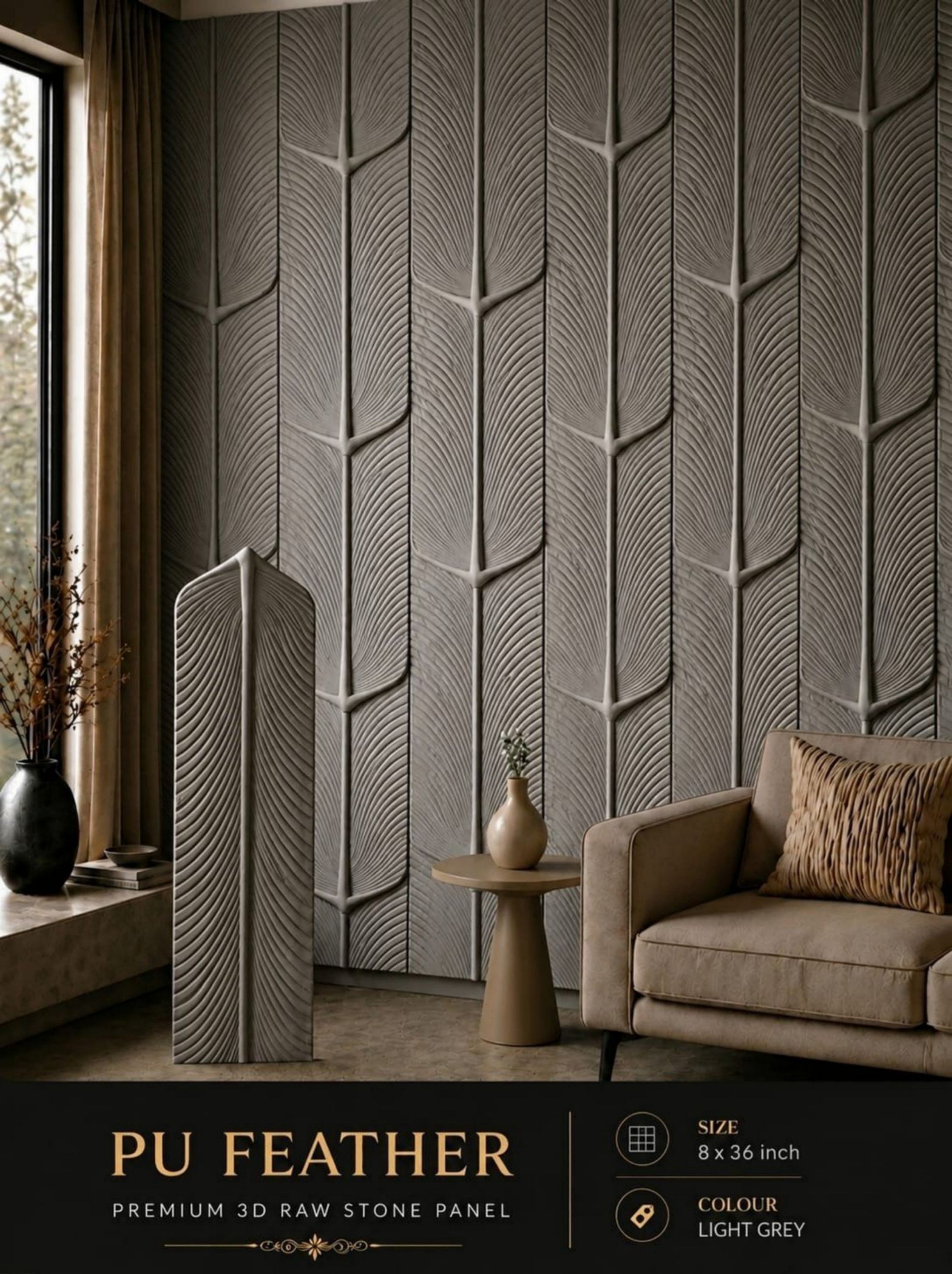 PU 3D Feather Panel (Size 8*36inch) (1 panel Covers Approx. 1.9 Sq Ft) - 5 colors Option