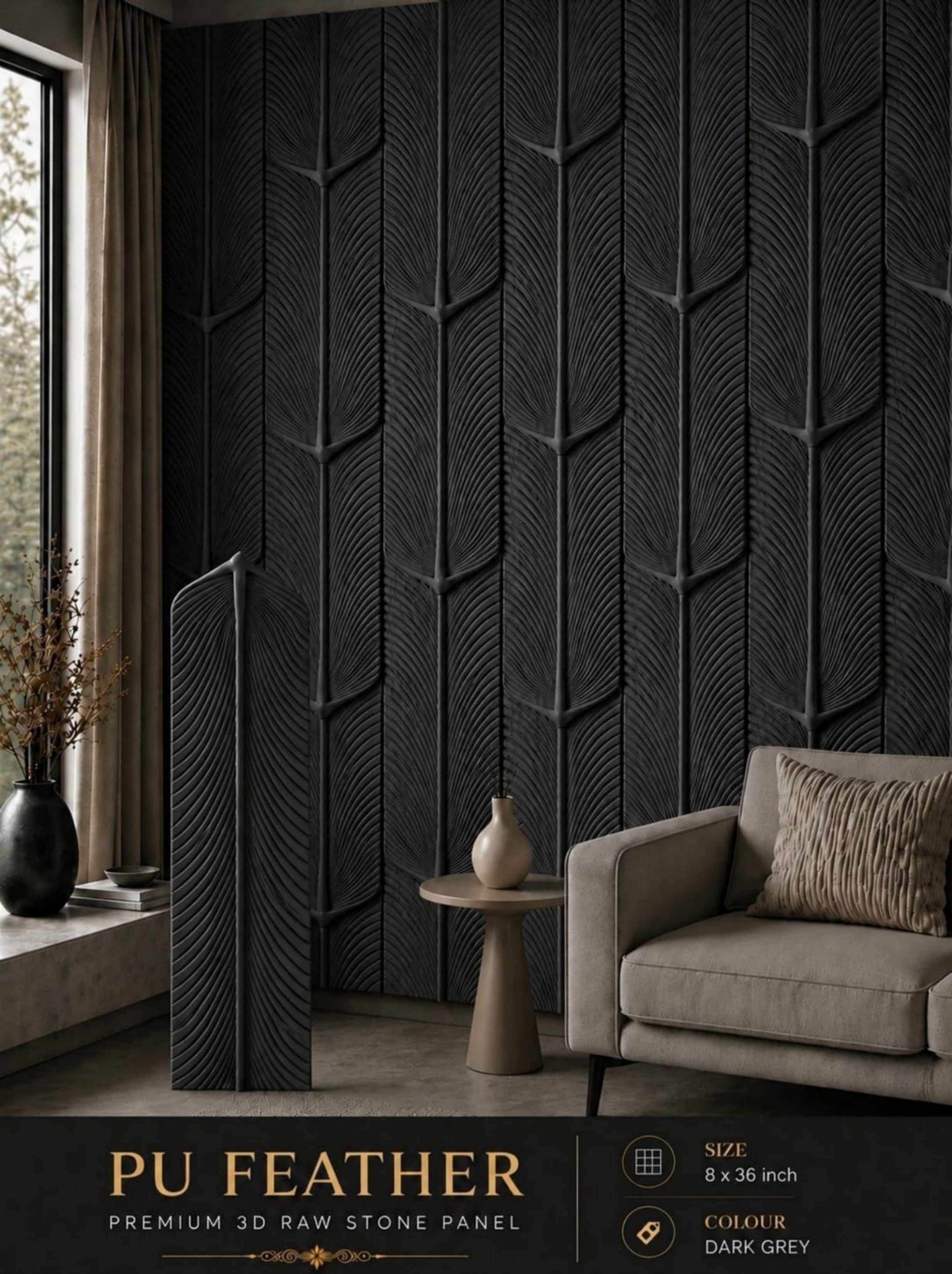 PU 3D Feather Panel (Size 8*36inch) (1 panel Covers Approx. 1.9 Sq Ft) - 5 colors Option