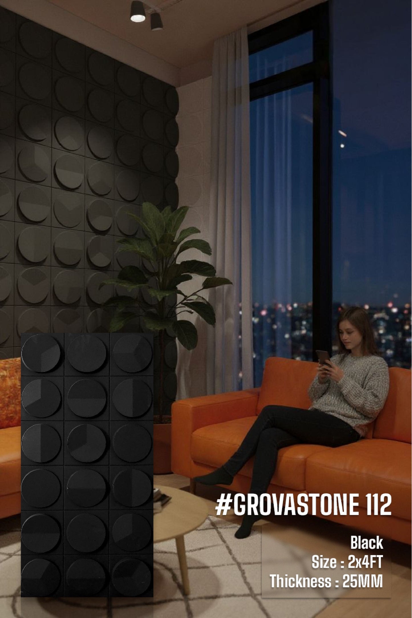 #GrovaStone 112 Without Mirror – 25mm PU Stone Finish Panels - Size 2x4ft - 5 color options - (Box of 8pcs) SWASTIK CREATIONS The Trend Point