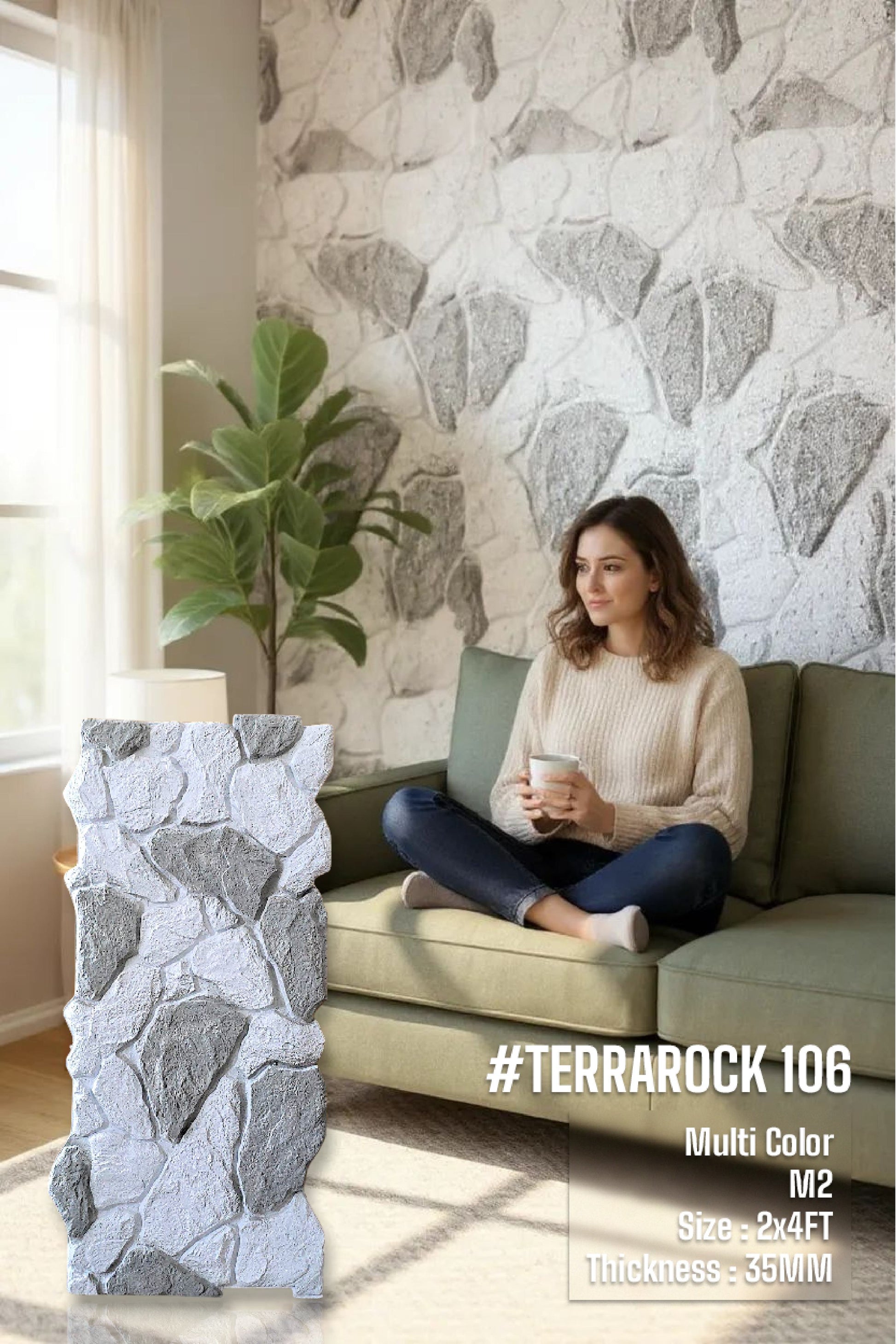 #Terra Rock 106 Multicolor– 35mm PU Stone Finish Panels - Size 2x4ft - Box of 8pcs - 4 color options