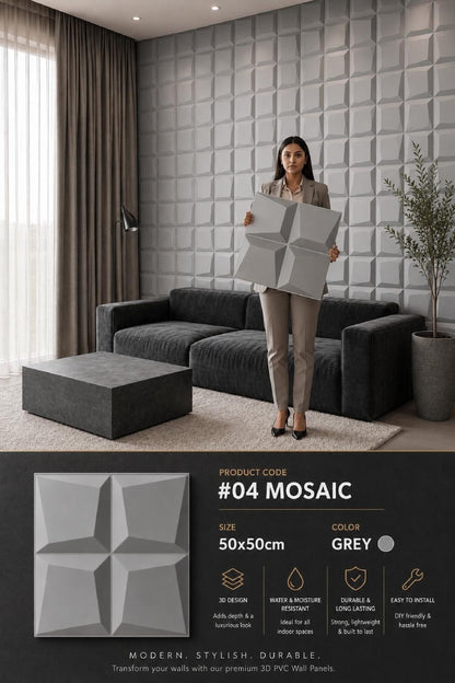 #04 Mosaic 3D PVC Without Mirror Panel - 5 colors option - (Size 50*50cm) - MOQ 10Pcs