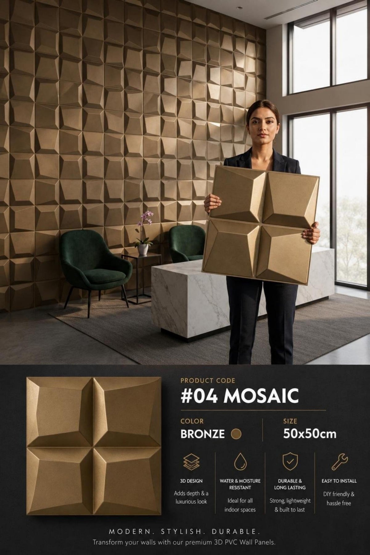 #04 Mosaic 3D PVC Without Mirror Panel - 5 colors option - (Size 50*50cm) - MOQ 10Pcs