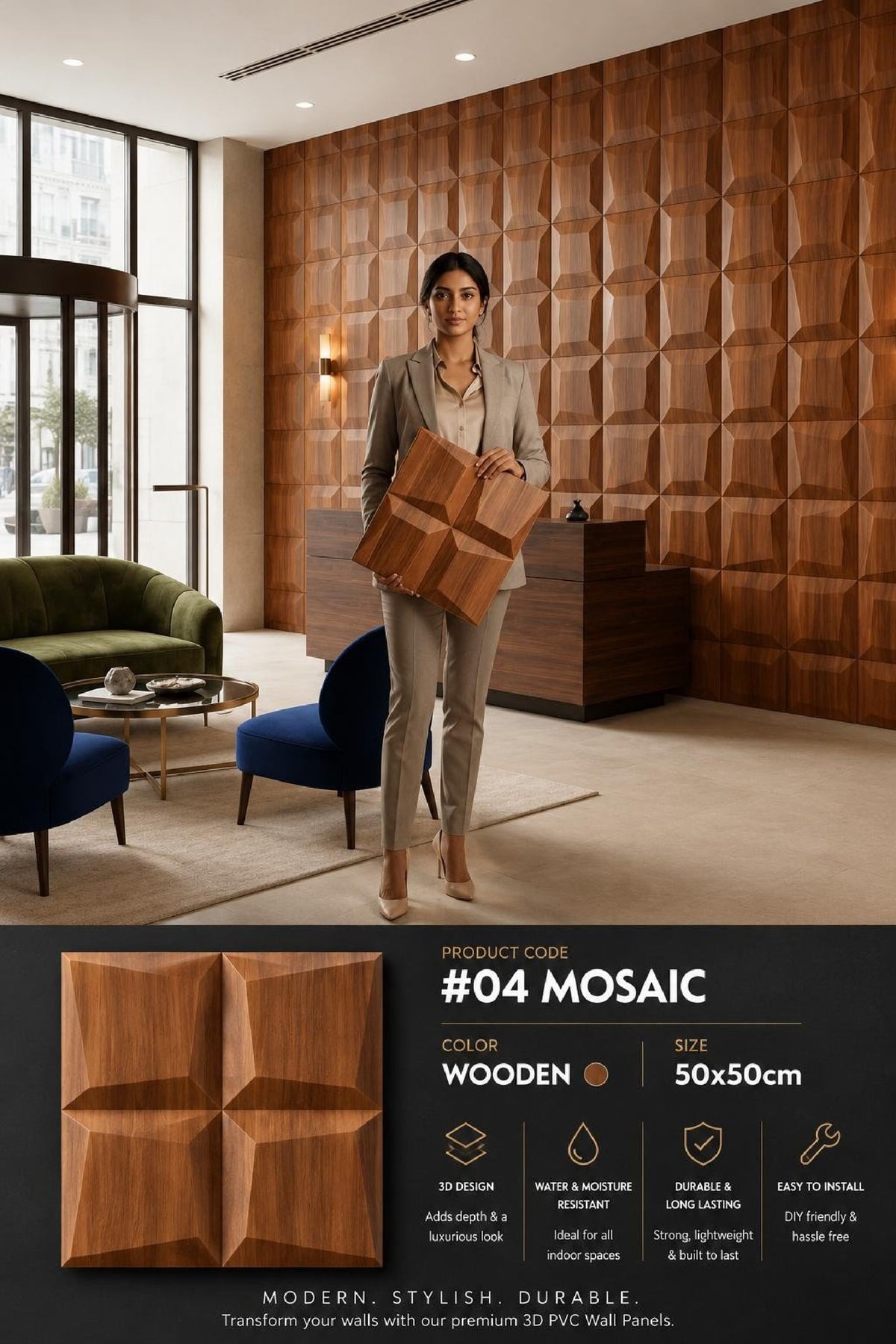 #04 Mosaic 3D PVC Without Mirror Panel - 5 colors option - (Size 50*50cm) - MOQ 10Pcs