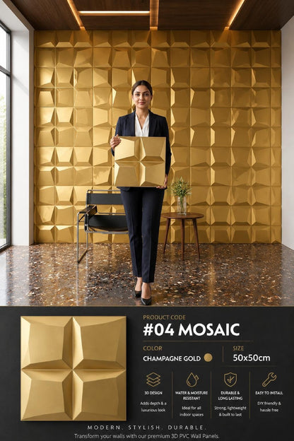 #04 Mosaic 3D PVC Without Mirror Panel - 5 colors option - (Size 50*50cm) - MOQ 10Pcs