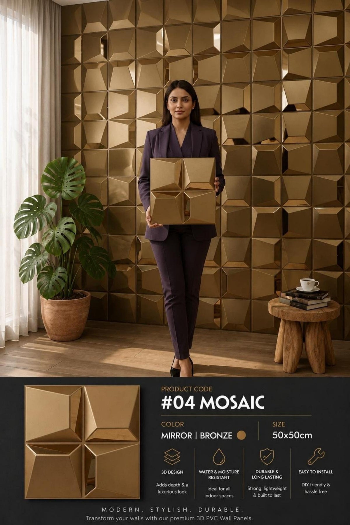 #04 Mosaic 3D PVC Mirror Panel - 5 colors option - (Size 50*50cm) - MOQ 10Pcs