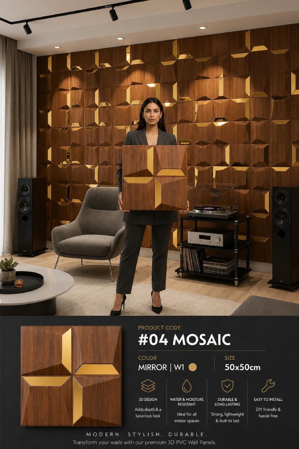 #04 Mosaic 3D PVC Mirror Panel - 5 colors option - (Size 50*50cm) - MOQ 10Pcs