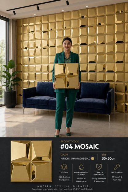 #04 Mosaic 3D PVC Mirror Panel - 5 colors option - (Size 50*50cm) - MOQ 10Pcs