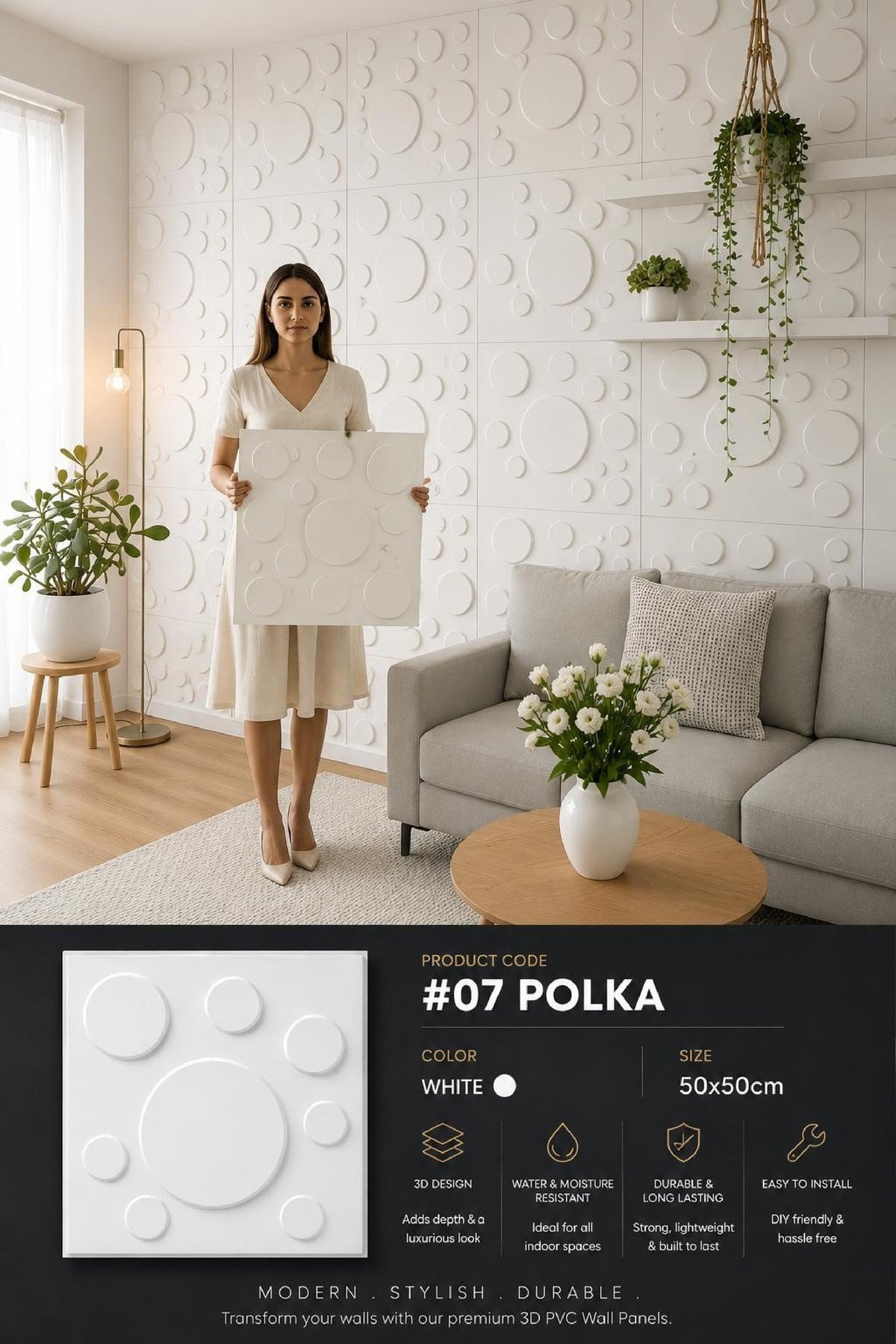 #07 Polka Dots 3D PVC Panel (Without Mirror)- 5 colors option - (Size 50*50cm)- MOQ 10Pcs