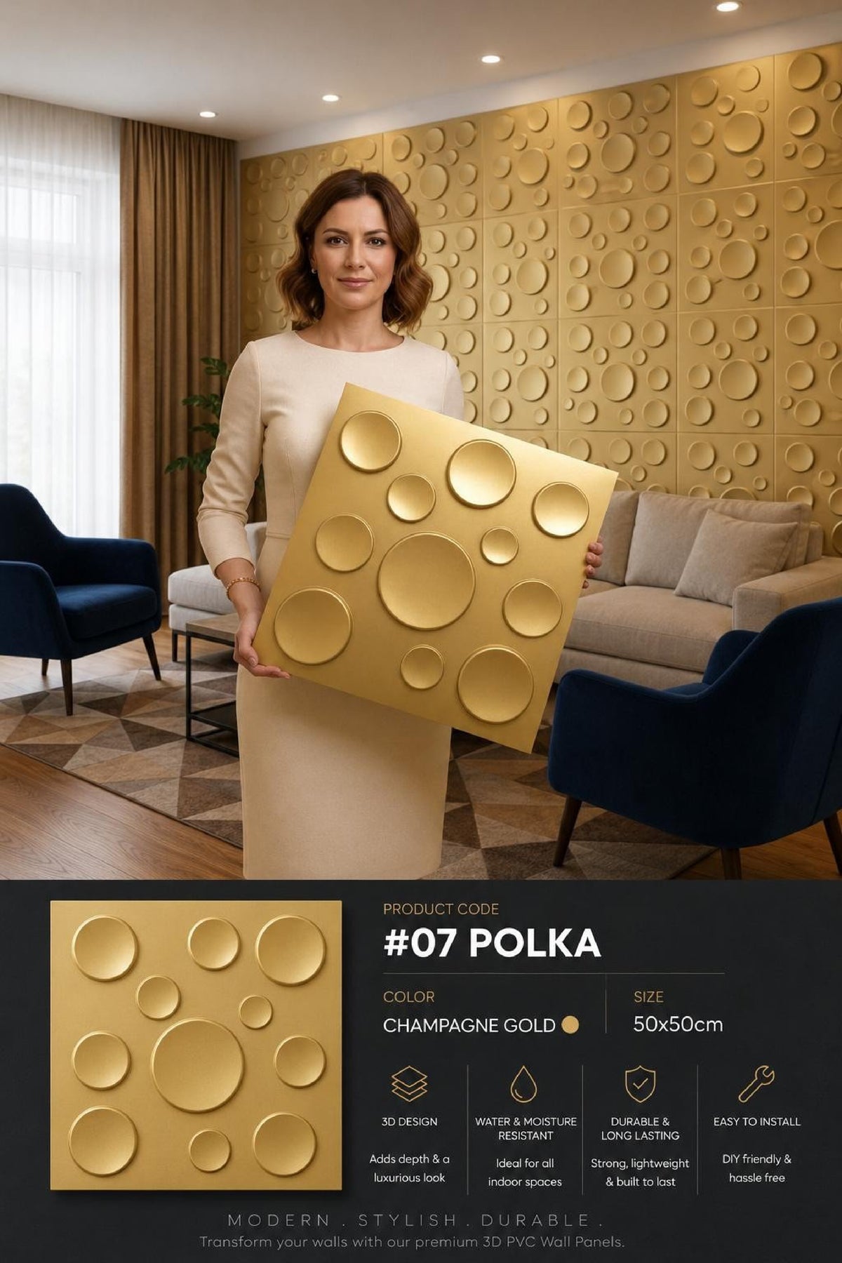 #07 Polka Dots 3D PVC Panel (Without Mirror)- 5 colors option - (Size 50*50cm)- MOQ 10Pcs
