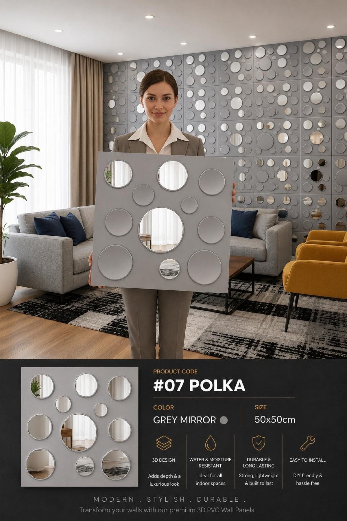 #07 Polka Dots 3D PVC Panel (Mirror) - 5 colors option - (Size 50*50cm) - MOQ 10Pcs