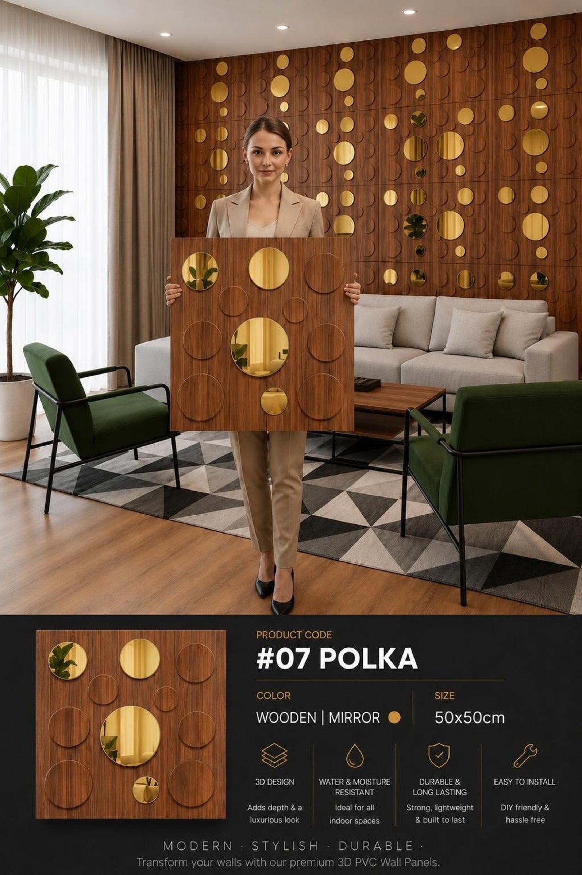 #07 Polka Dots 3D PVC Panel (Mirror) - 5 colors option - (Size 50*50cm) - MOQ 10Pcs