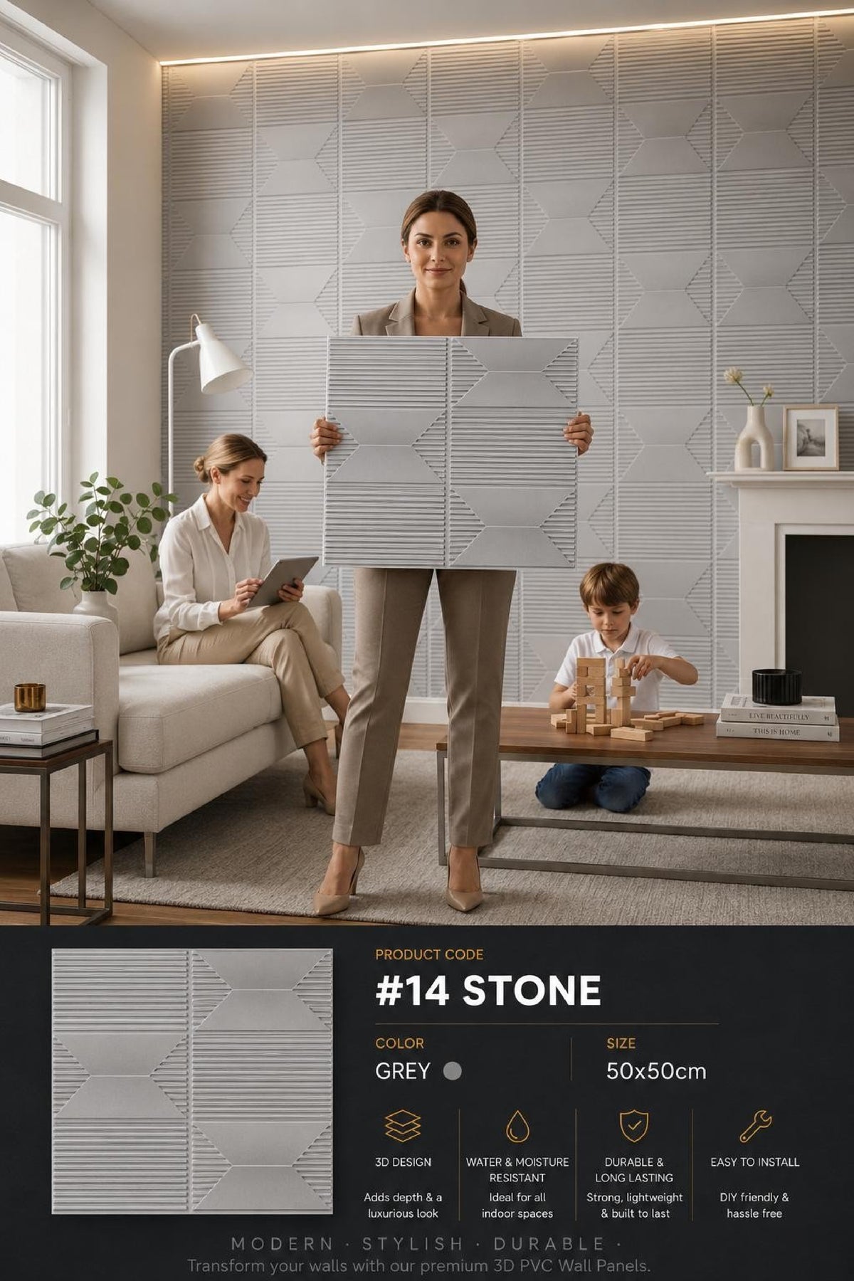 #14 Stone - 3D PVC Panel Stone (without Mirror) - 5 colors option - (Size 50*50cm) - MOQ 10Pcs