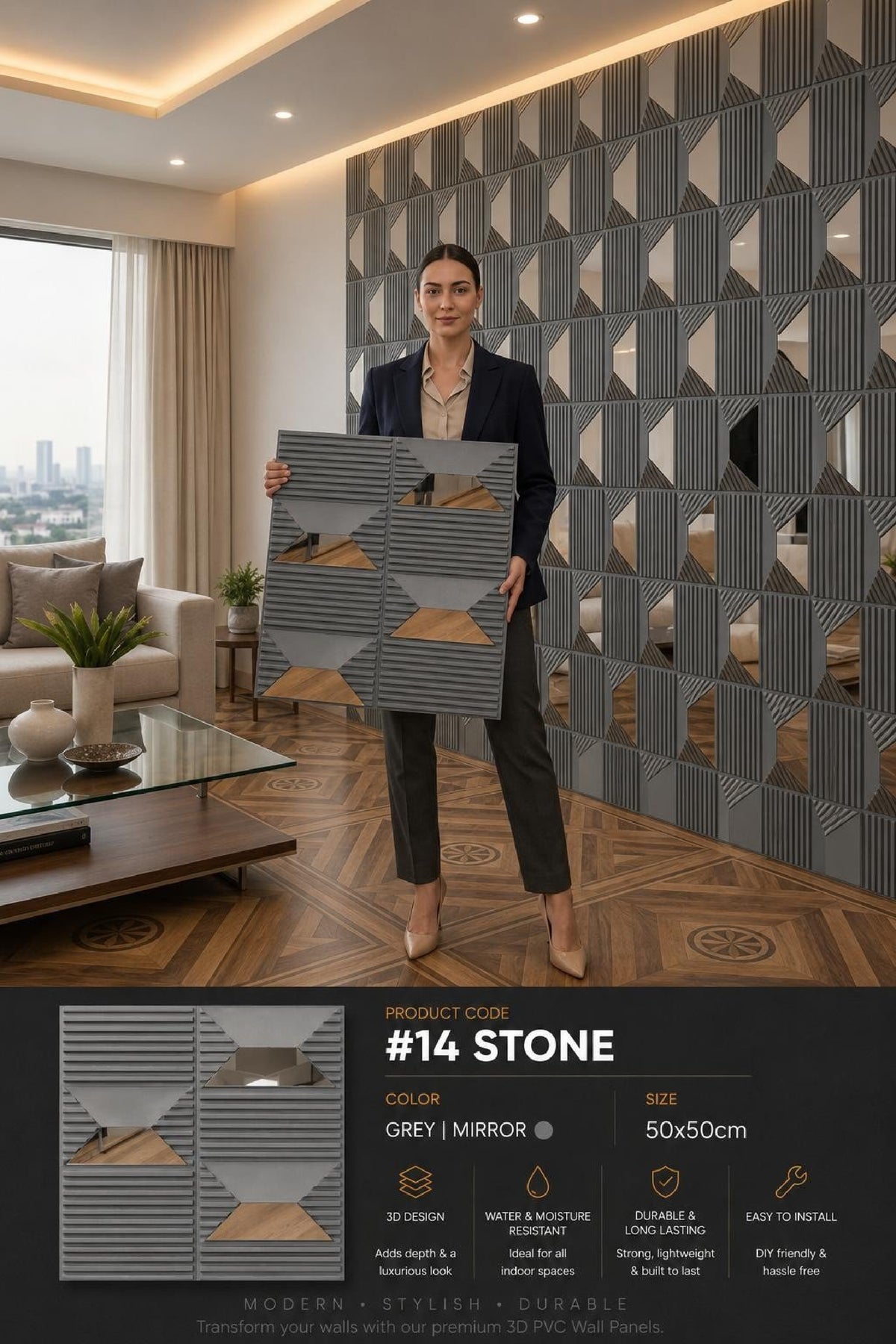 #14 Stone - 3D PVC Panel Stone (Mirror) - 5 colors option - (Size 50*50cm) - MOQ 10Pcs
