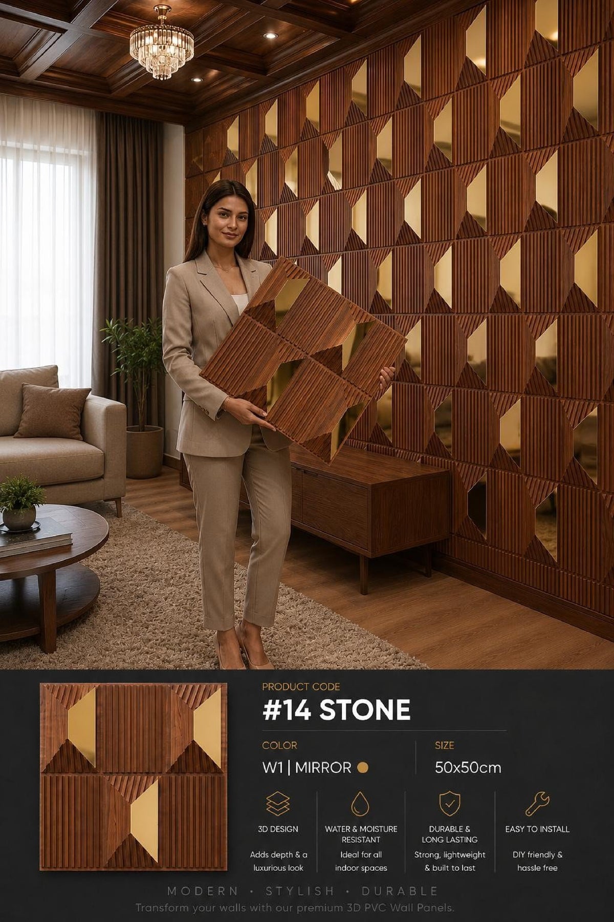 #14 Stone - 3D PVC Panel Stone (Mirror) - 5 colors option - (Size 50*50cm) - MOQ 10Pcs