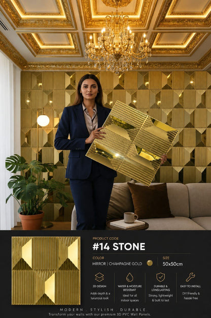 A woman in a navy suit stands in a luxurious gold interior holding a large gold geometric mirror panel. The scene includes a chandelier, sofa, plant, and a lower text panel showing product code #14 Stone, champagne gold color, 50x50cm size, and feature icons.