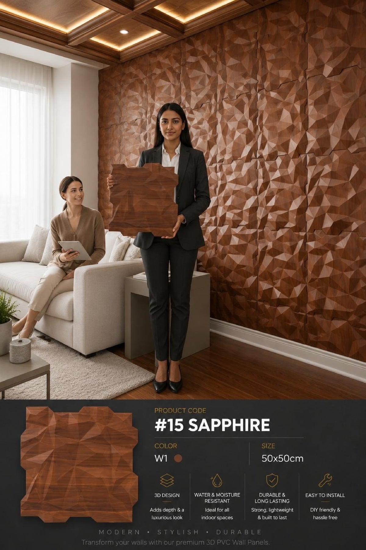 #15 Sapphire - 3D PVC Panel Stone (without Mirror) - 4 colors option - (Size 50*50cm) - MOQ 10Pcs