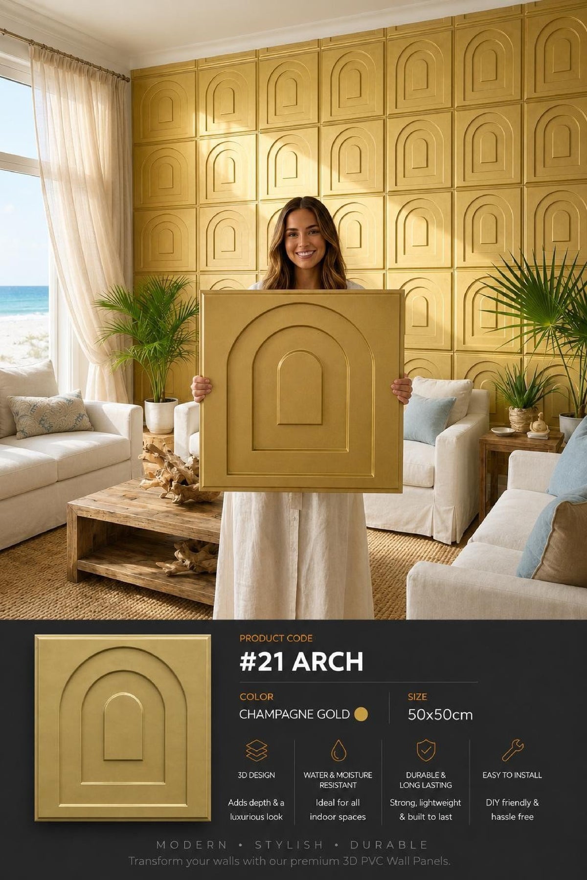 #21 Arch - Arch 3D PVC Panel (Without Mirror) - 6 colors option - (Size 50*50cm) - MOQ 10Pcs