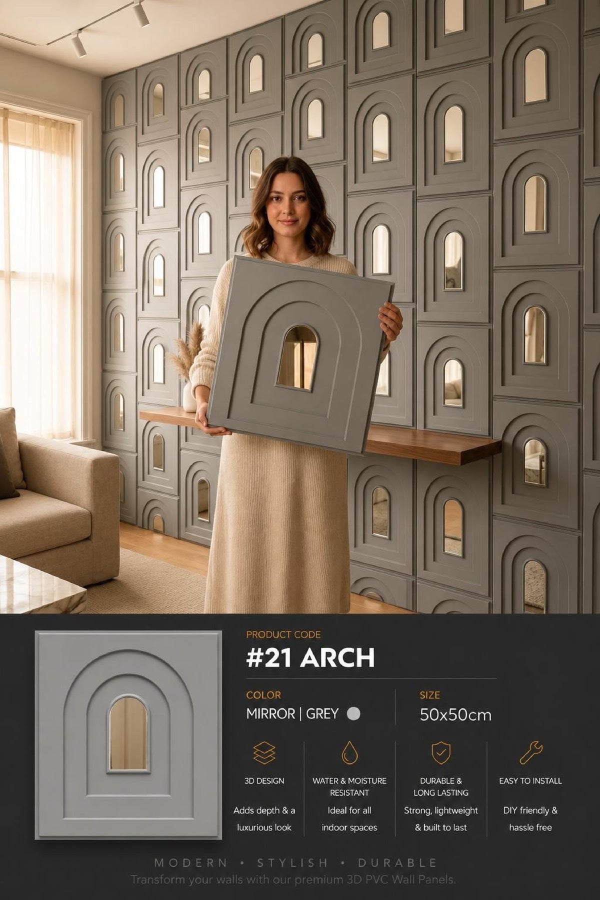 #21 Arch - Arch 3D PVC Mirror Panel - 6 colors option - (Size 50*50cm) - MOQ 10Pcs