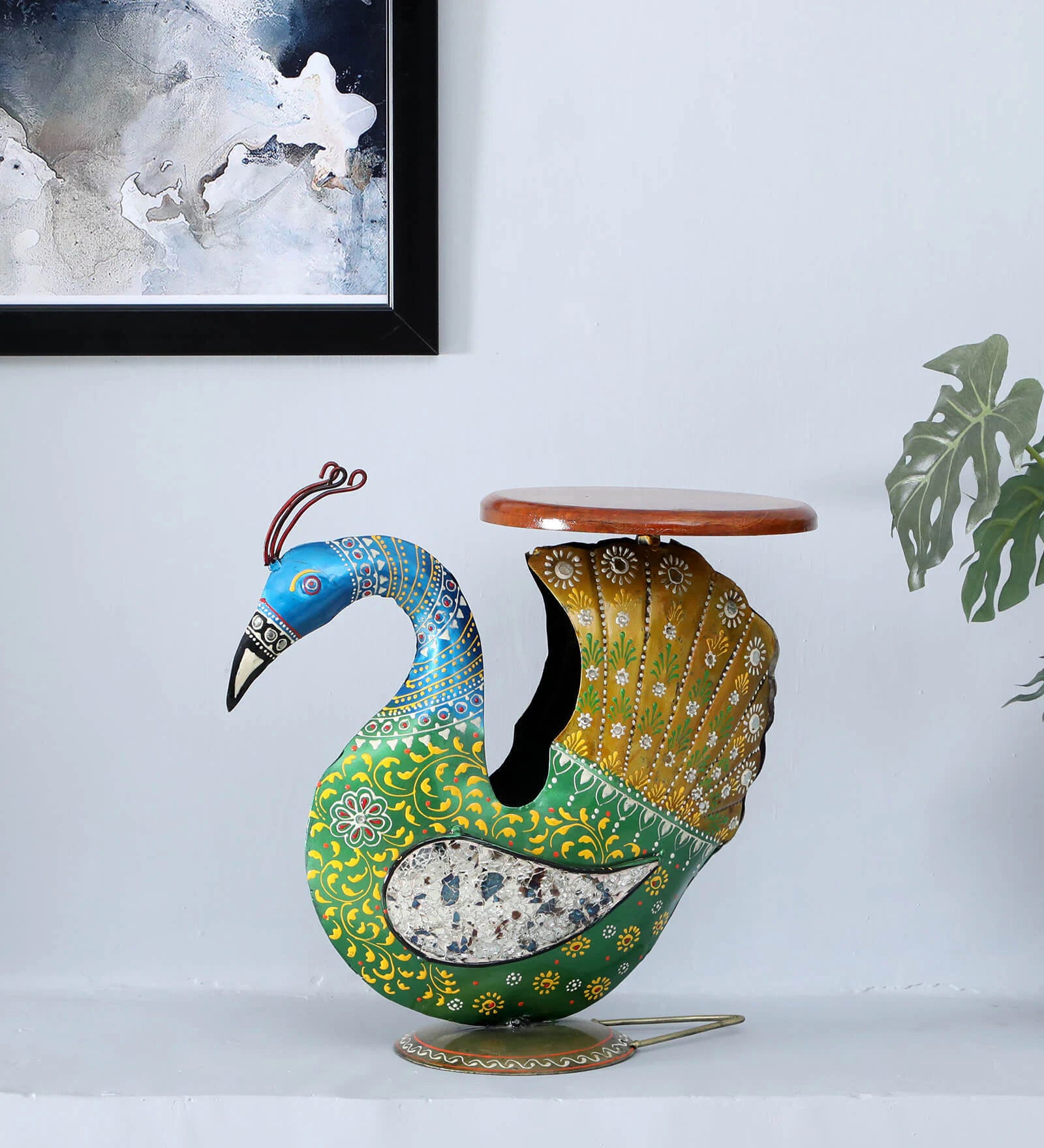 Peacock Stool Multicolour Iron Figurines - SWASTIK CREATIONS The Trend Point