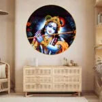 CH-RKR6 The Flute of Eternity: Lord Krishna's Melodies Wall Painting with Sparkle Glossy Round Golden Frame Painting for Office, Living Room, Bedroom, Home Decoration SWASTIK CREATIONS The Trend Point