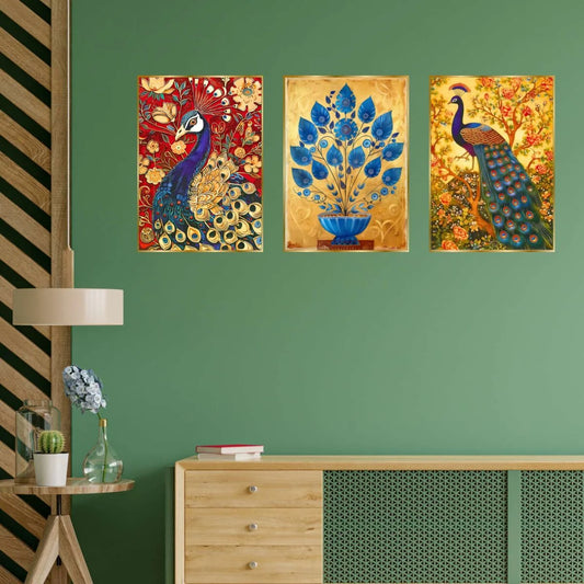 CH-GD3-4 Set of Three Wall Paintings for Wall Decoration Golden Framed Wall Paintings for Living Room & Bedroom Wall Art for Home Decoration & Office Wall Décor