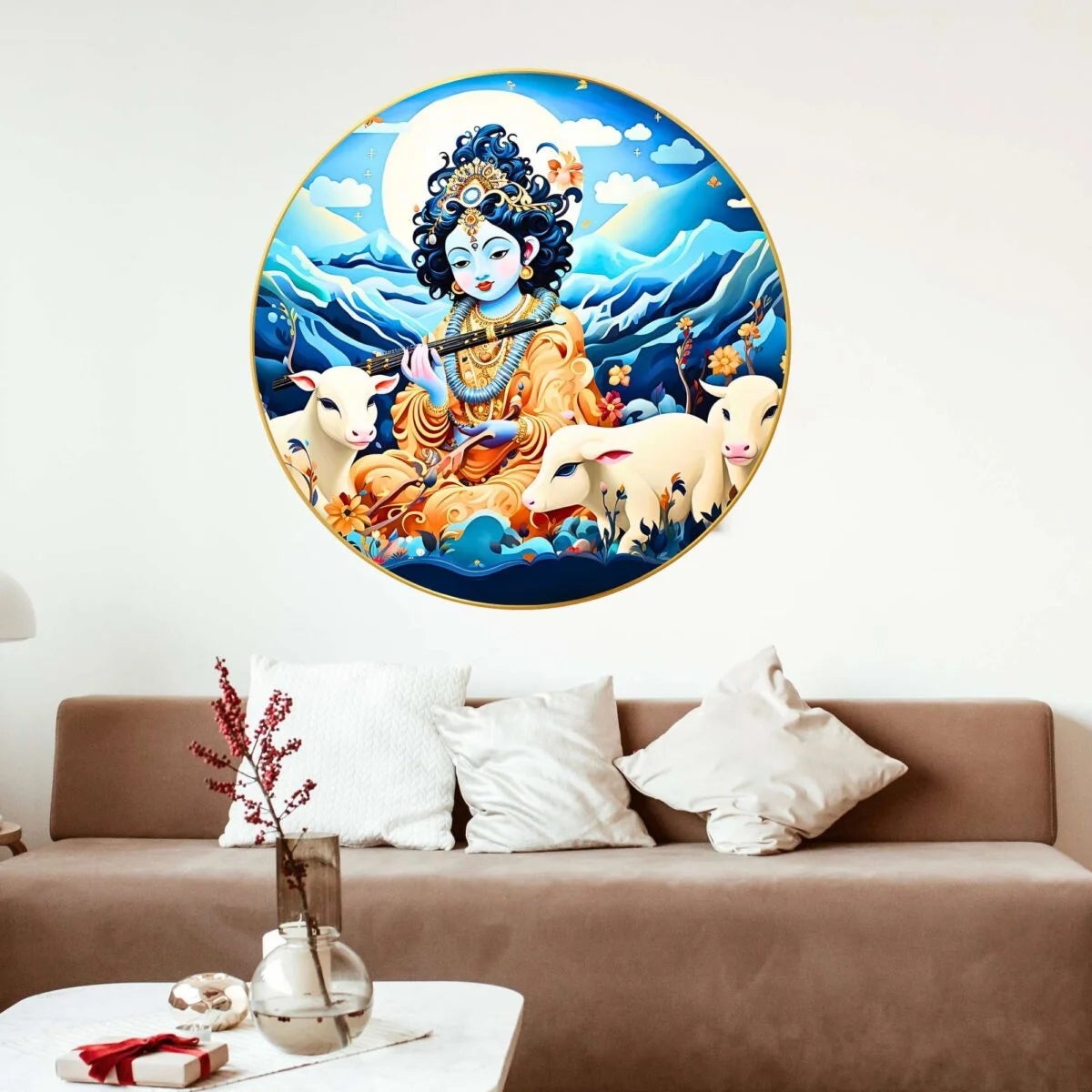 CH-RKR15 Lord Krishna: The Eternal Shepherd Painting with Frame Sparkle Glossy Round Golden Framed Large Painting Office, Living Room, Bedroom, Home Decoration SWASTIK CREATIONS The Trend Point