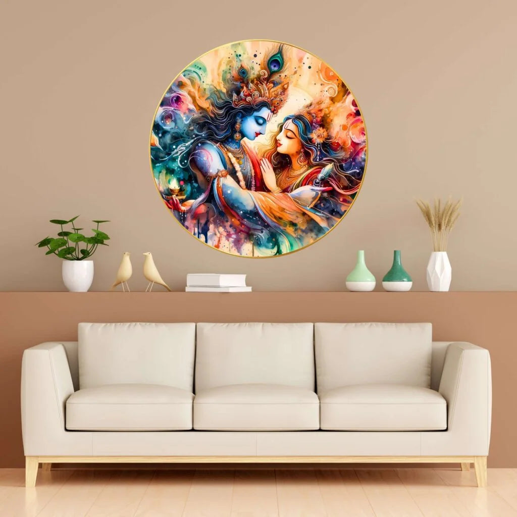 CH-RKR9 Radha Krishna: The Eternal Union Wall Painting with Frame Sparkle Glossy Round Golden Framed Large Painting Office, Living Room, Bedroom, Home Decoration SWASTIK CREATIONS The Trend Point