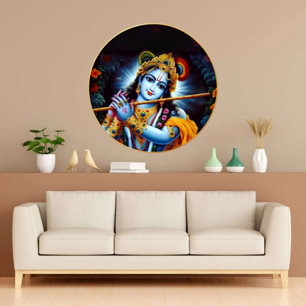 CH-RKR6 The Flute of Eternity: Lord Krishna's Melodies Wall Painting with Sparkle Glossy Round Golden Frame Painting for Office, Living Room, Bedroom, Home Decoration SWASTIK CREATIONS The Trend Point