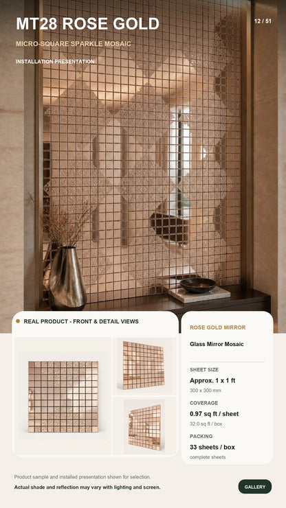 #MT28 ROSE GOLD Designer Glossy Rose Gold Mosaic Mirror Glass Tile (MOQ 33 pcs)