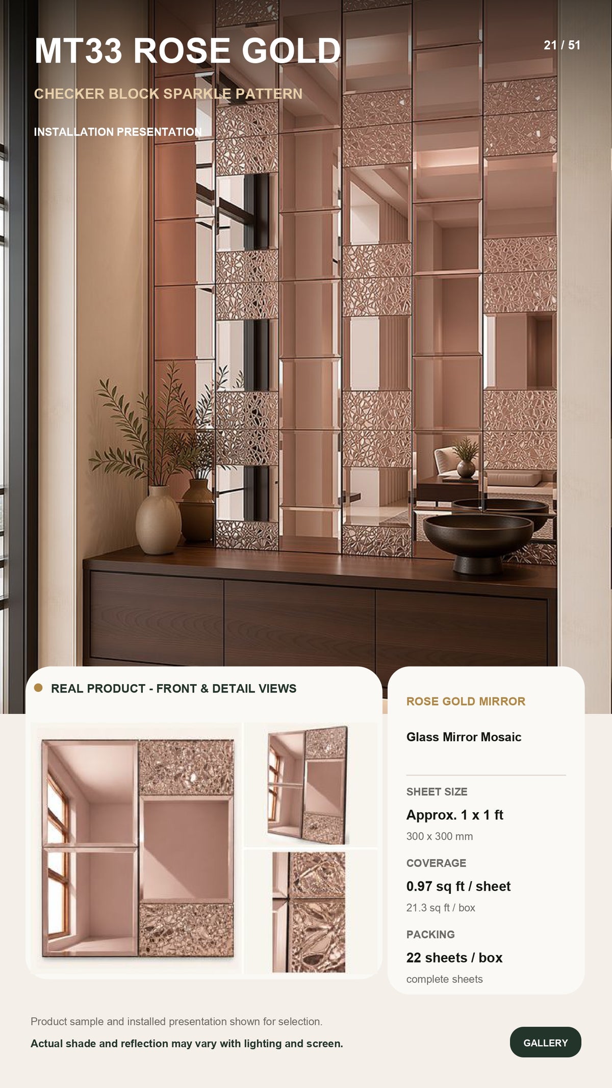#MT33 ROSE GOLD Exclusive Mirror Glass Mosaic Tile Rose Gold (MOQ 22 pcs)