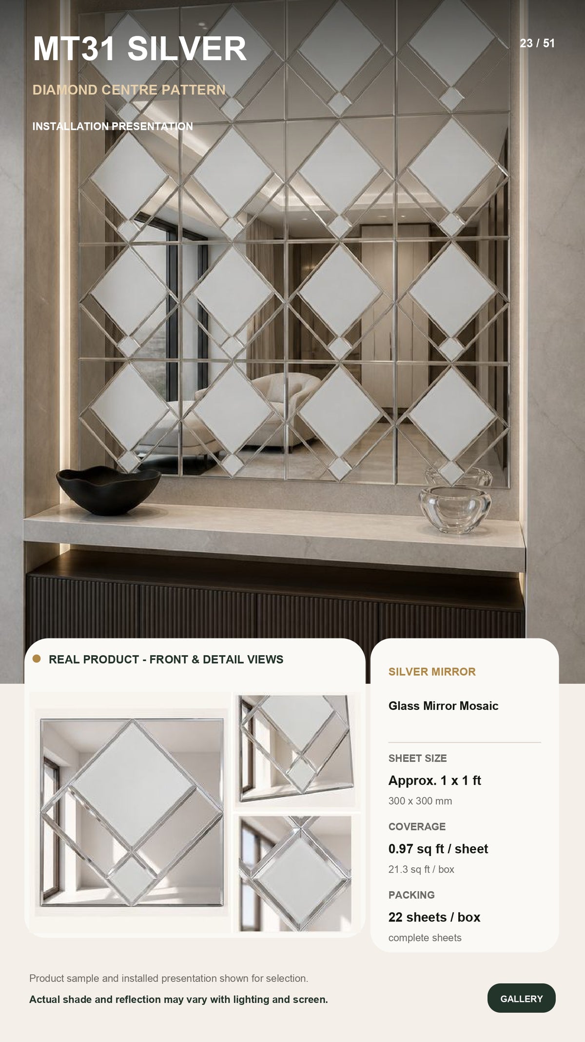 #MT31 Silver Reflective Glass Mirror Mosaic Tile (MOQ 22Pcs) (1 Tile Coverage Area 1 Sq Ft)