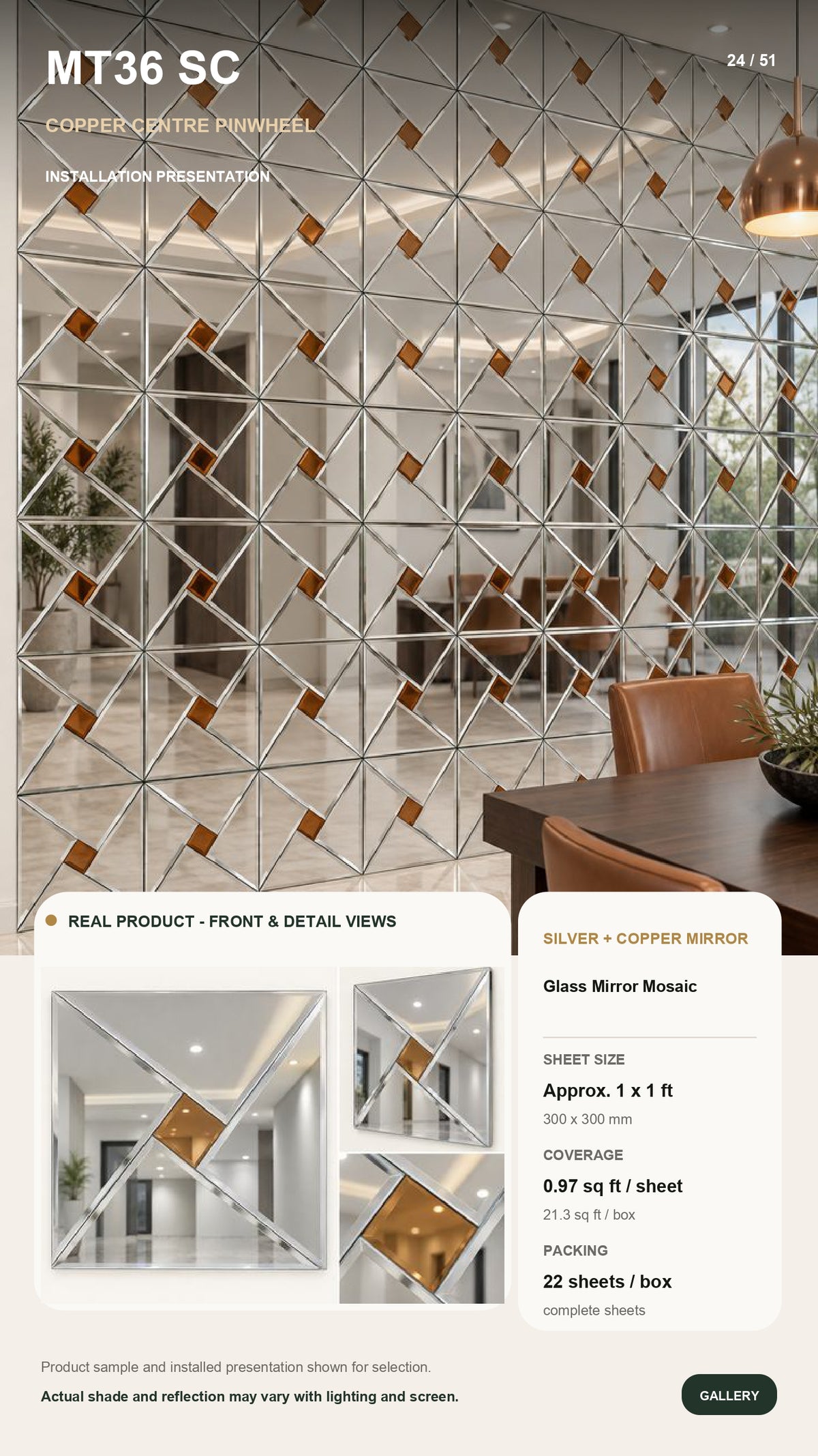 #MT36 SC - Dual-Tone Stylish Glass Mirror Mosaic Tile (Silver & Copper) (MOQ 22pcs) (1 Tile Coverage Area 1 Sq Ft)
