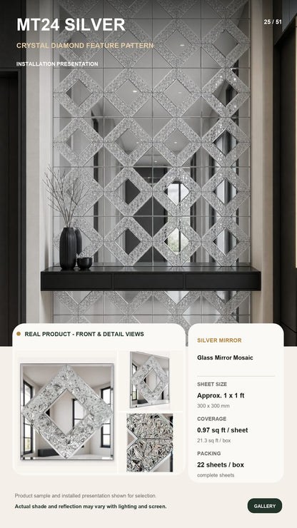 #MT24 Silver Glass Mirror Mosaic Tile (MOQ 22 pc) (1 Tile Coverage Area 0.9 Sq Ft)
