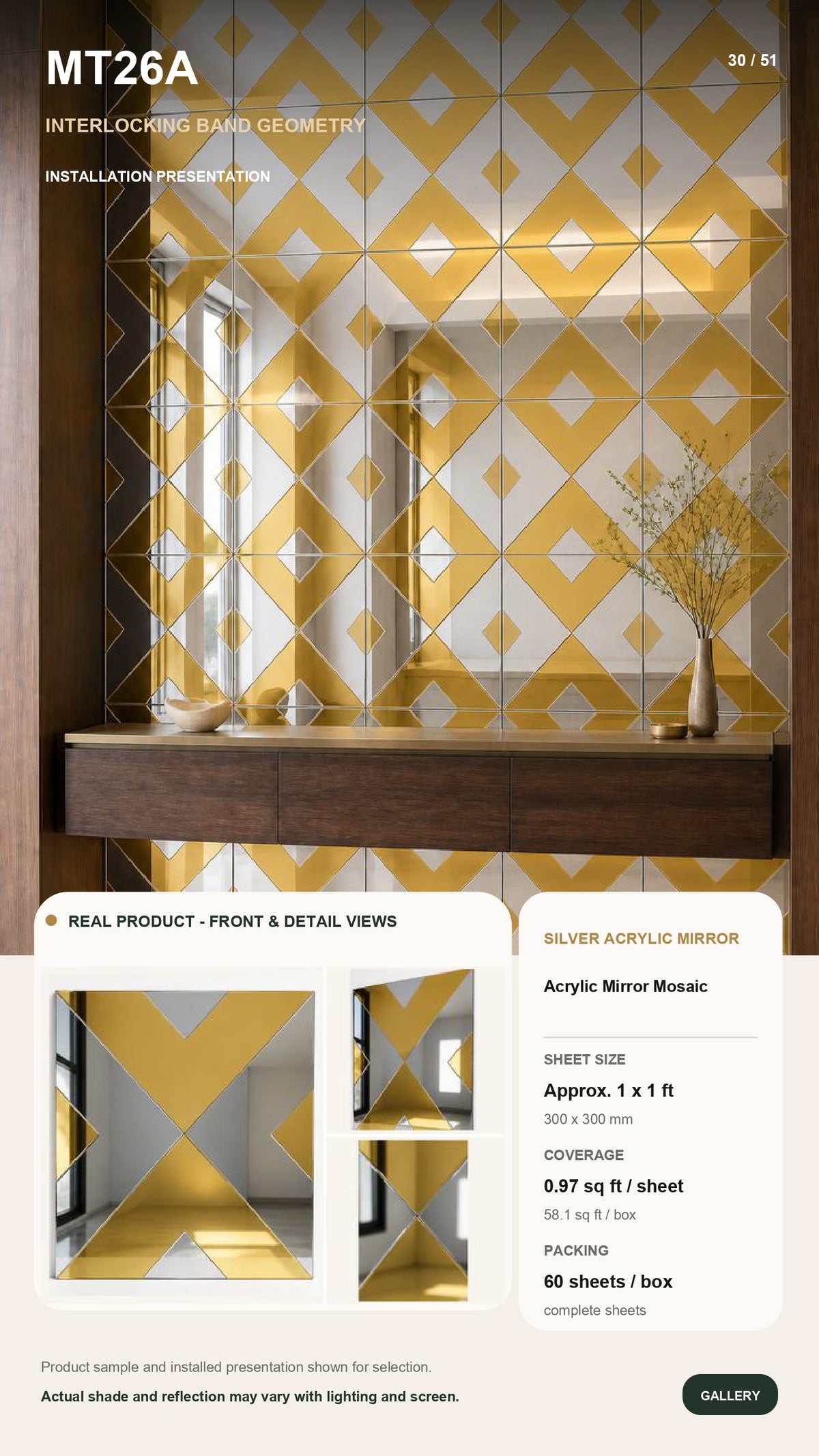 #MT26A (Acrylic) Silver & Golden Self-Adhesive Acrylic Mirror Mosaic Tile (MOQ 60pcs) (1 Tile Coverage Area 1 Sq Ft)