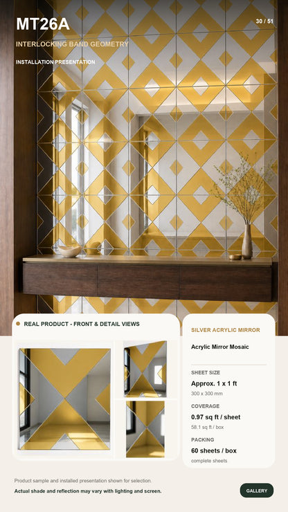 #MT26A (Acrylic) Silver & Golden Self-Adhesive Acrylic Mirror Mosaic Tile (MOQ 60pcs) (1 Tile Coverage Area 1 Sq Ft)