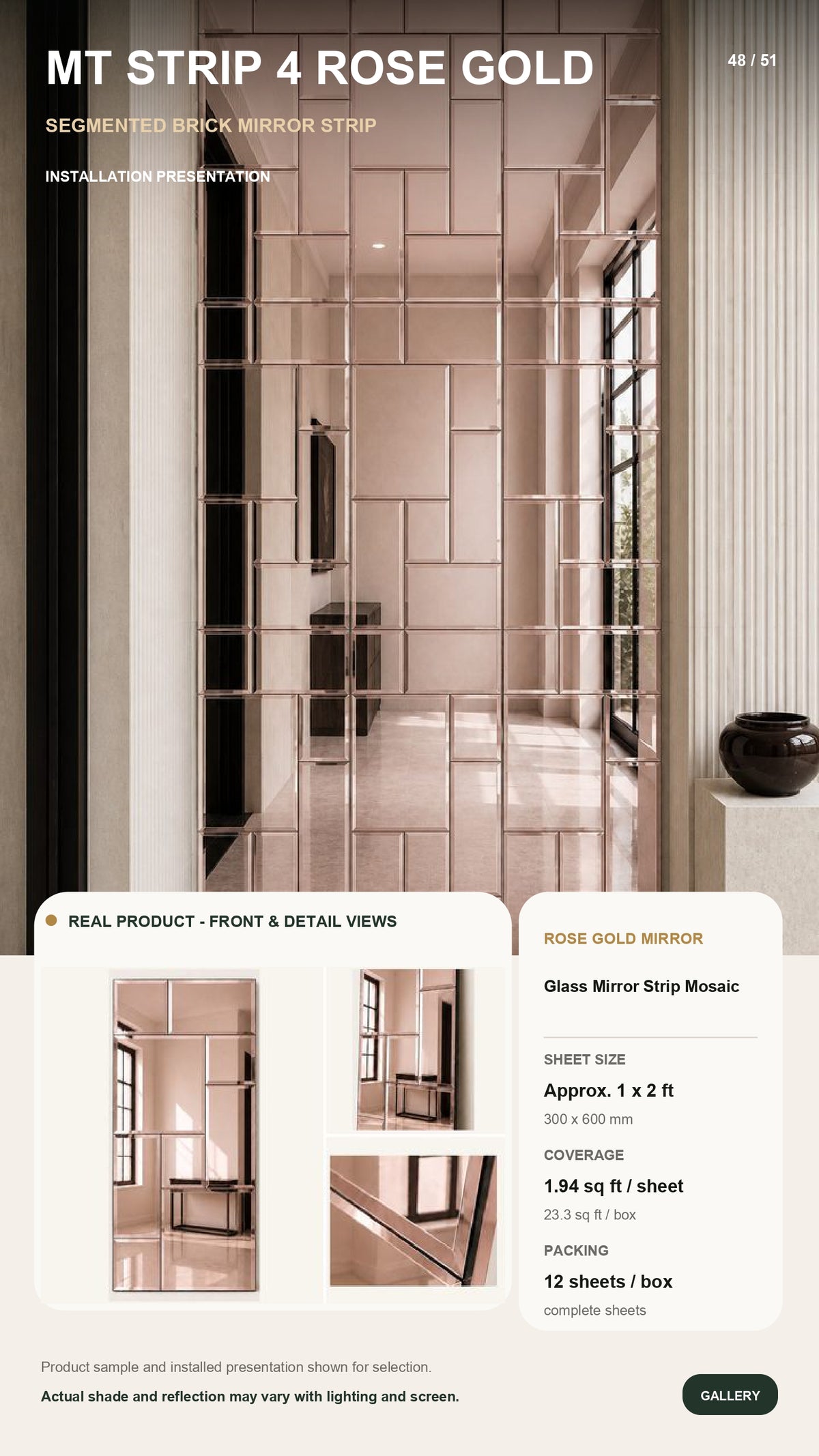 MTstrip4-Self adhesive Mosaic Fluted Mirror Panel (MOQ 12PCS) (Size 12x24 inches) - 3 colors options