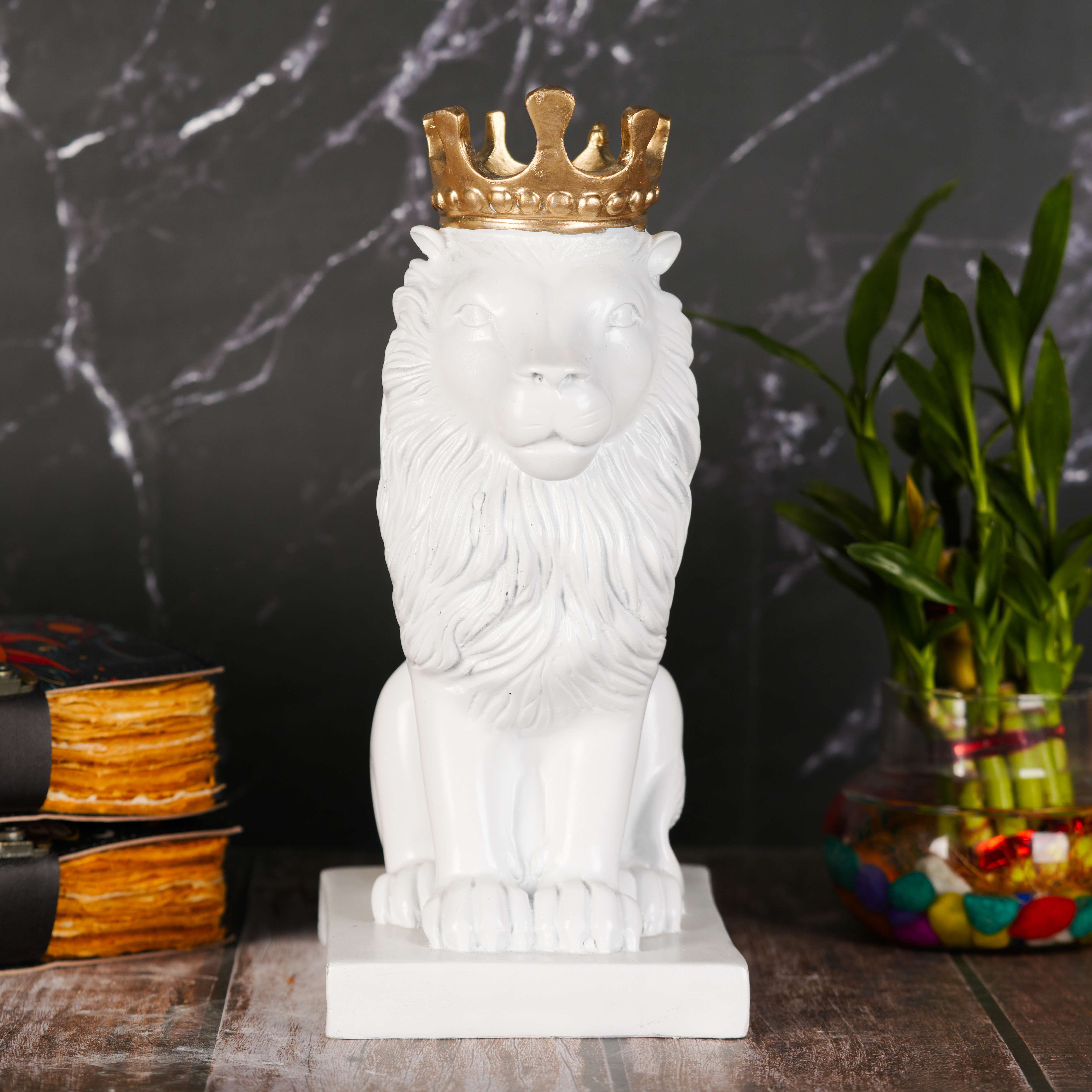 Swastik Creations Lion Statue with Gold Crown, King of The Forest Lion Statue,Glod Crown Lion Figurine Sculpture Animal Decoration (White) - SWASTIK CREATIONS The Trend Point