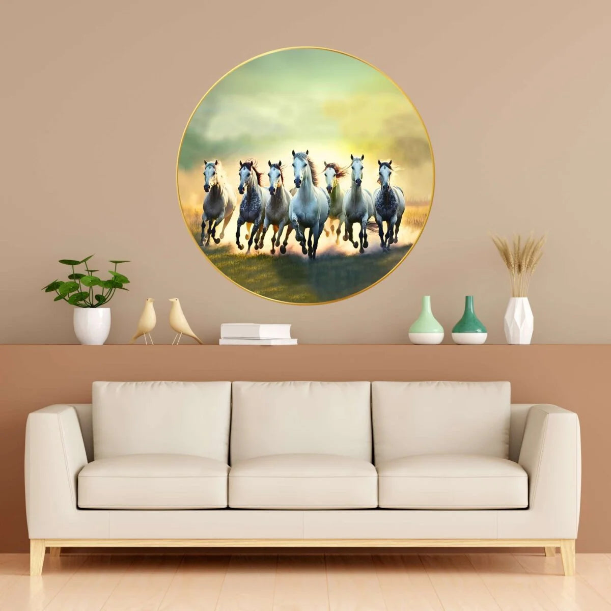 CH-RHS4 Seven Running Horses Warm Sky Wall Painting with Frame Sparkle Glossy Round Golden Framed Large Painting Office, Living Room, Bedroom, Home Decoration SWASTIK CREATIONS The Trend Point