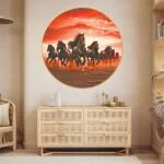 CH-RHS2 Crimson Charge: Seven Running Horses in Red Sky Wall Painting with Frame Sparkle Glossy Round Golden Framed Large Painting Office, Living Room, Bedroom, Home Decoration SWASTIK CREATIONS The Trend Point