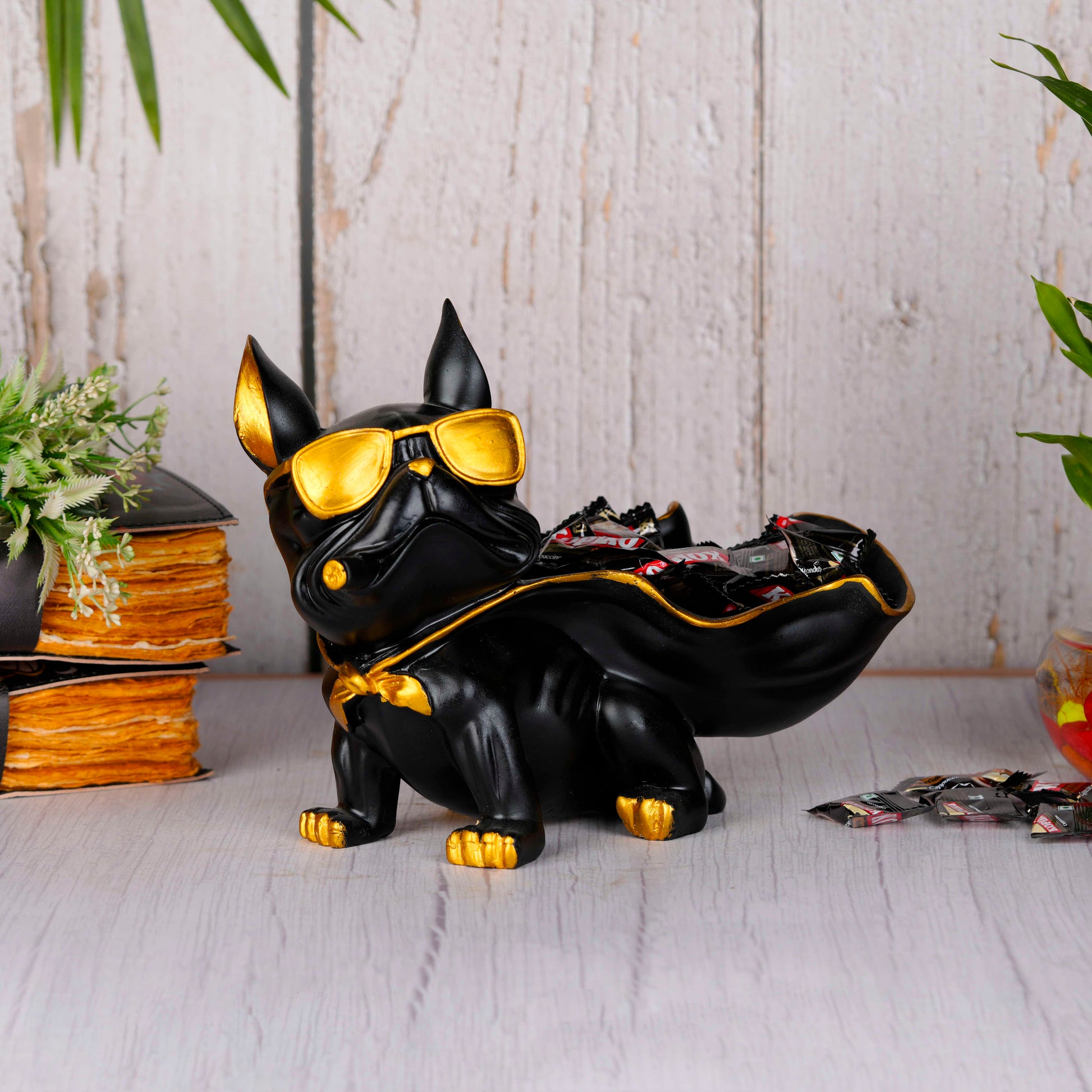 Swastik Creations Dog Figurine for Home Decor Showpiece Resin Dog Sculpture Table Art Decoration Wedding Birthday Gift Candy Holder Dog with Basket