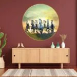 CH-RHS4 Seven Running Horses Warm Sky Wall Painting with Frame Sparkle Glossy Round Golden Framed Large Painting Office, Living Room, Bedroom, Home Decoration SWASTIK CREATIONS The Trend Point