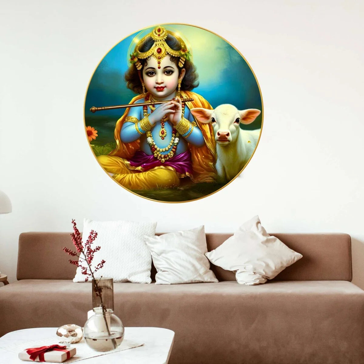 CH-RKR8 Baal Krishna Wall Painting with Frame Sparkle Glossy Round Golden Framed Large Painting Office, Living Room, Bedroom, Home Decoration SWASTIK CREATIONS The Trend Point