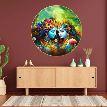 CH-RKR12 Krishna Radha Wall Painting with Frame Sparkle Glossy Round Golden Framed Large Painting Office, Living Room, Bedroom, Home Decoration